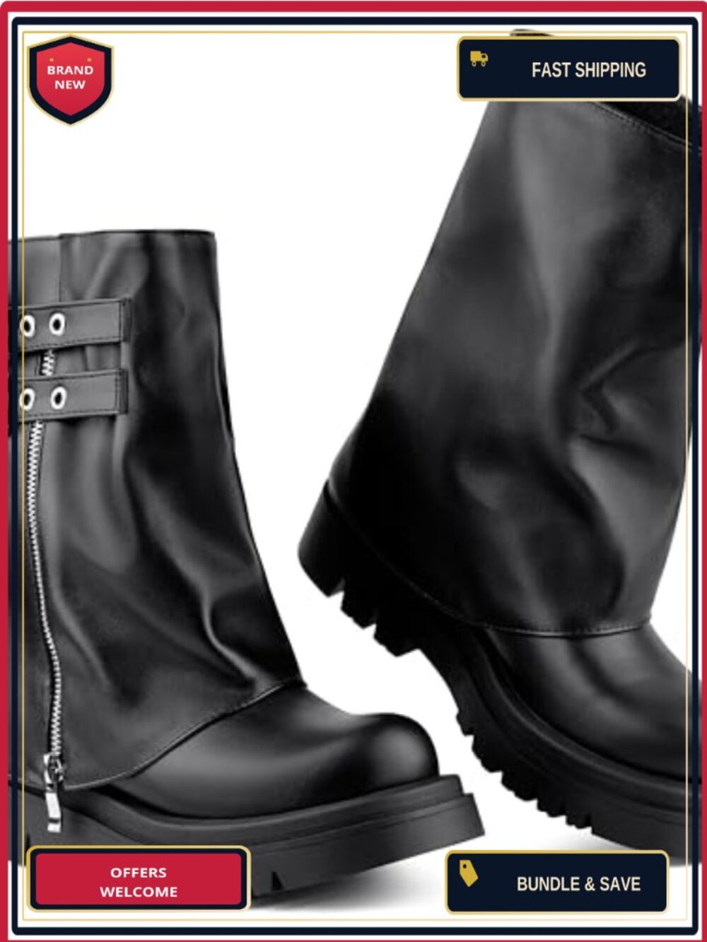 Faux Leather Fold Over Moto Biker Combat Mid Calf Boots
